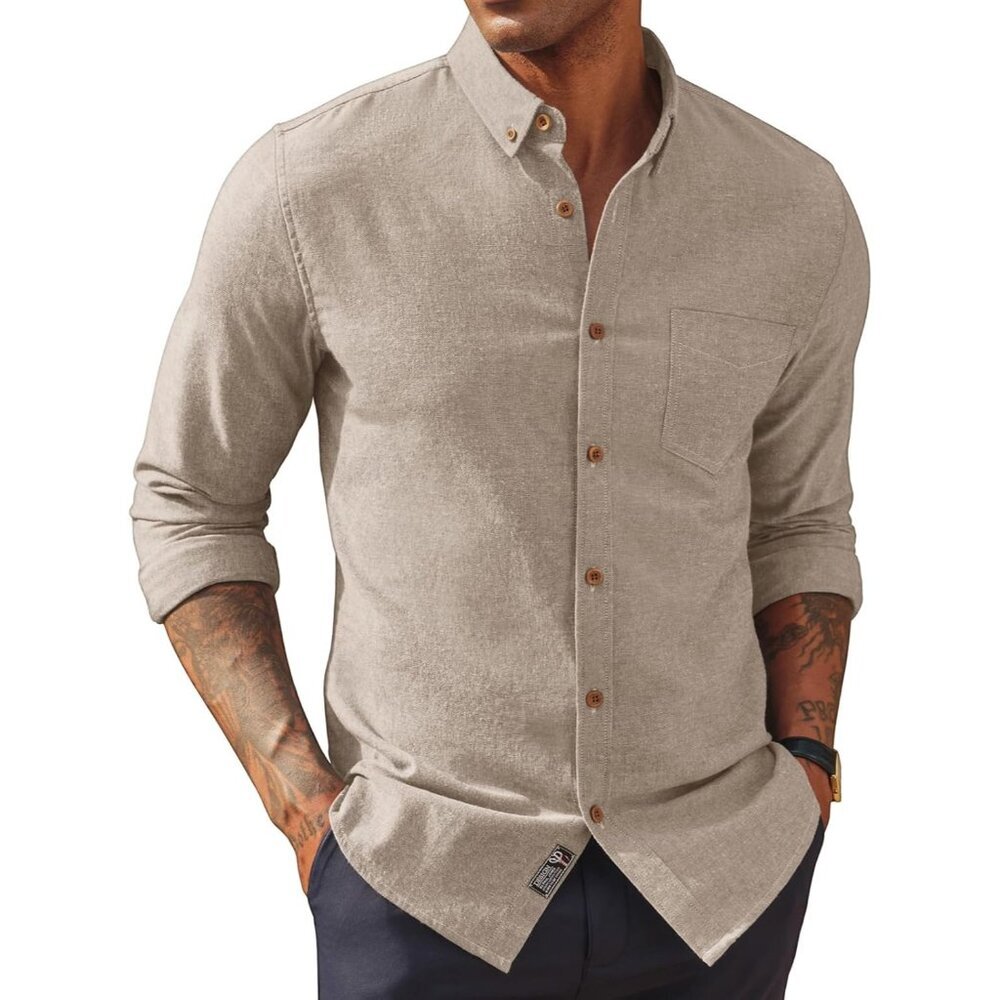 Men's Beige Classic Fit Linen Long Sleeve Button Down Casual Shirts